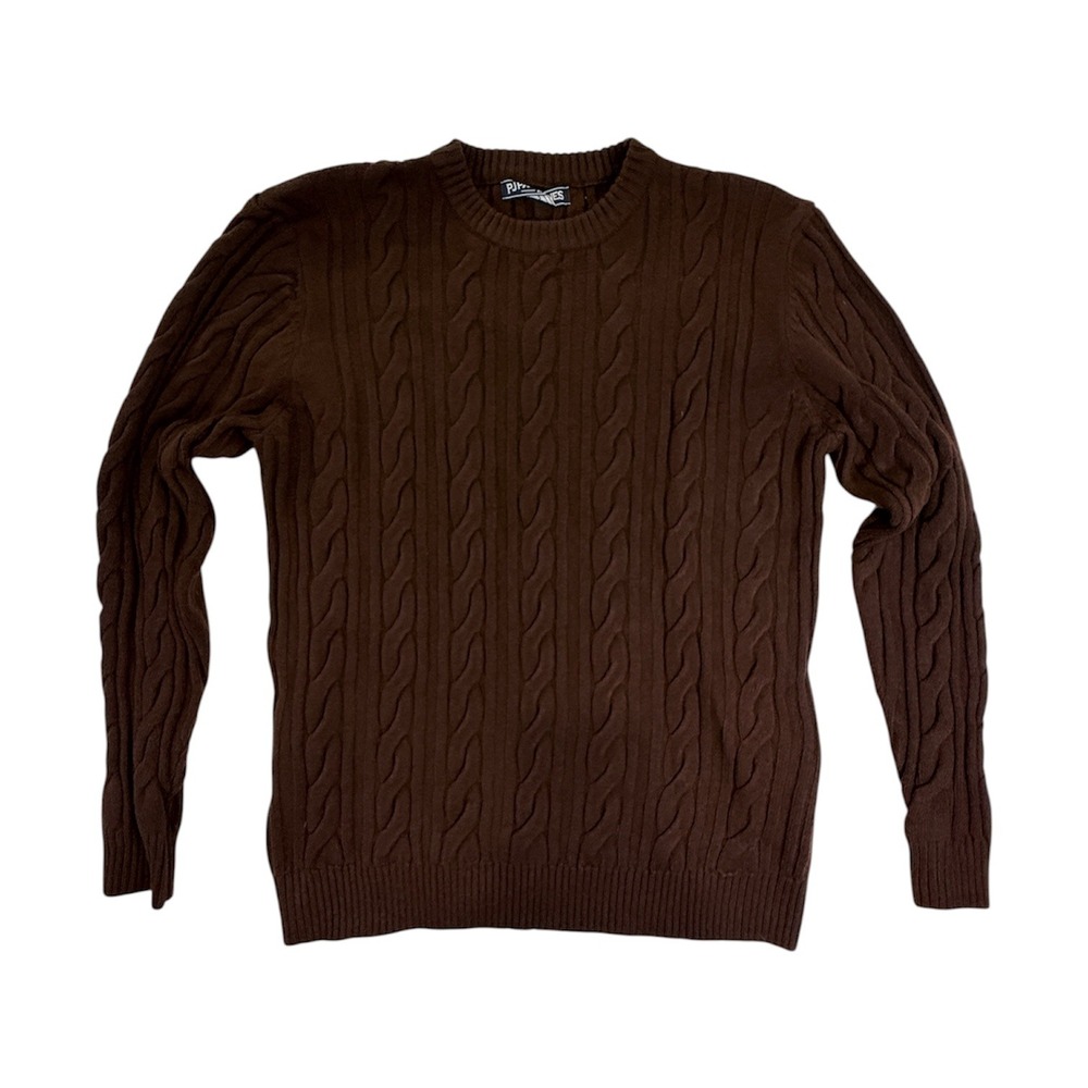 PJ Paul Jones Sweater Men M Brown Cable Knit Long Sleeve Crewneck